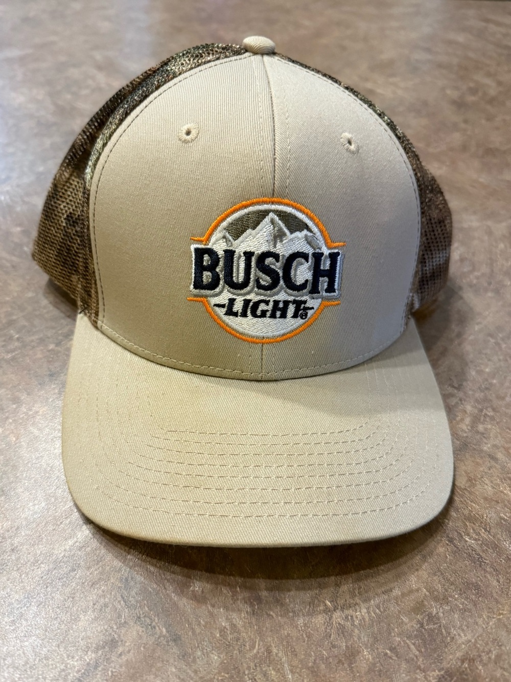 NWOT Busch Light Embroidered Trucker Hat - Khaki & Brown Camo